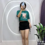 Đồ bộ quần đùi rút dây áo croptop tay ngắn in hình