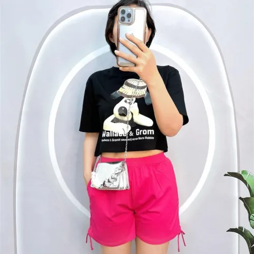 Đồ bộ quần đùi rút dây áo croptop tay ngắn in hình