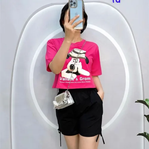 Đồ bộ quần đùi rút dây áo croptop tay ngắn in hình