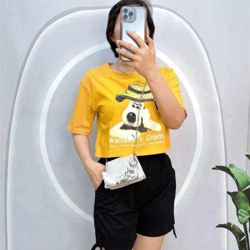 Đồ bộ quần đùi rút dây áo croptop tay ngắn in hình