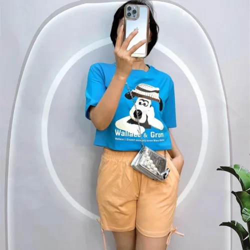 Đồ bộ quần đùi rút dây áo croptop tay ngắn in hình