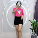 Đồ bộ quần đùi rút dây áo croptop tay ngắn in hình