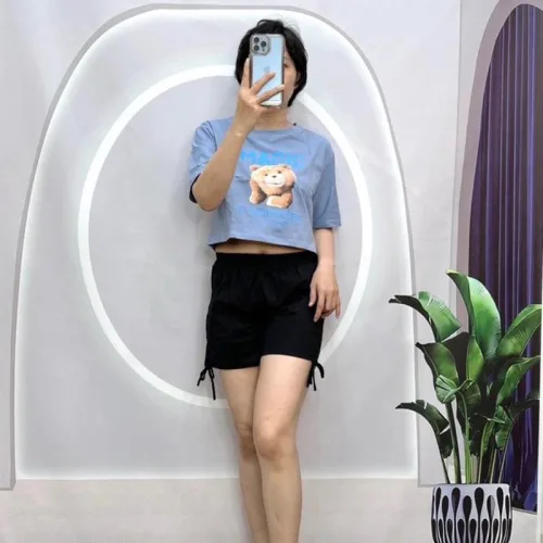 Đồ bộ quần đùi rút dây áo croptop tay ngắn in hình
