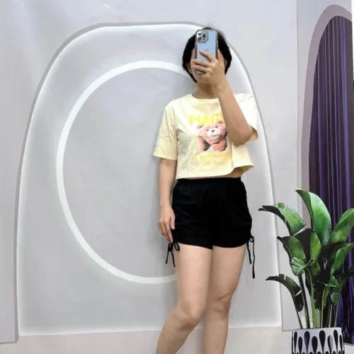 Đồ bộ quần đùi rút dây áo croptop tay ngắn in hình