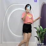Đồ bộ quần đùi rút dây áo croptop tay ngắn in hình