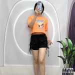 Đồ bộ quần đùi rút dây áo croptop tay ngắn in hình