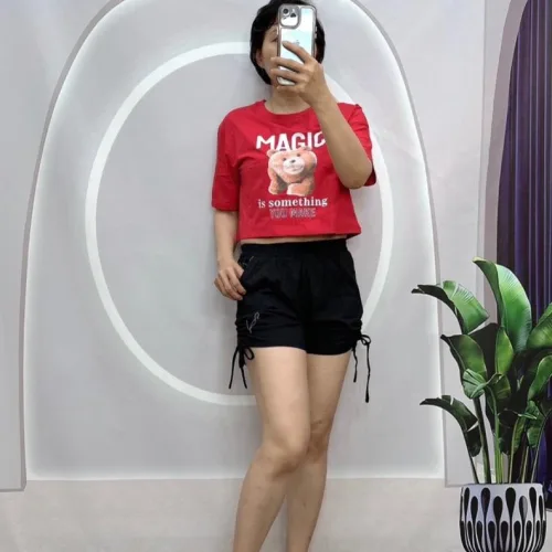 Đồ bộ quần đùi rút dây áo croptop tay ngắn in hình