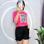 Đồ bộ quần đùi rút dây áo tay ngắn crop in hình