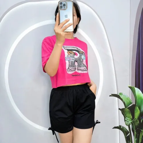Đồ bộ quần đùi rút dây áo tay ngắn crop in hình