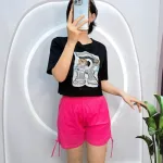 Đồ bộ quần đùi rút dây áo tay ngắn crop in hình