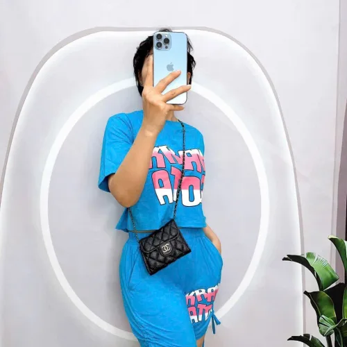 Đồ bộ quần đùi rút dây áo tay ngắn crop in hình