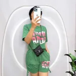 Đồ bộ quần đùi rút dây áo tay ngắn crop in hình