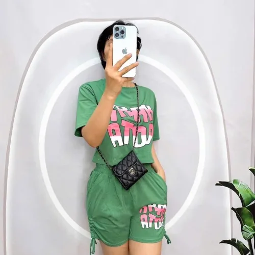 Đồ bộ quần đùi rút dây áo tay ngắn crop in hình