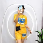 Đồ bộ quần đùi rút dây áo tay ngắn crop in hình