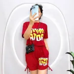 Đồ bộ quần đùi rút dây áo tay ngắn crop in hình