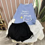Đồ bộ quần đùi rút dây áo tay ngắn crop in hình