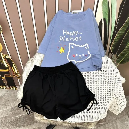 Đồ bộ quần đùi rút dây áo tay ngắn crop in hình