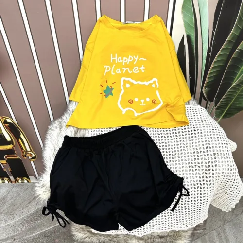 Đồ bộ quần đùi rút dây áo tay ngắn crop in hình