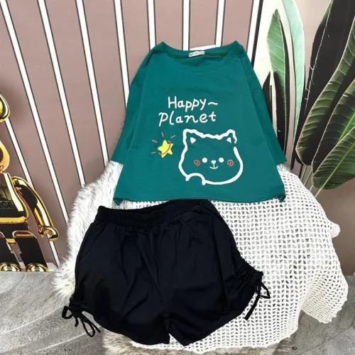 Đồ bộ quần đùi rút dây áo tay ngắn crop in hình