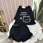 Đồ bộ quần đùi rút dây áo tay ngắn crop in hình