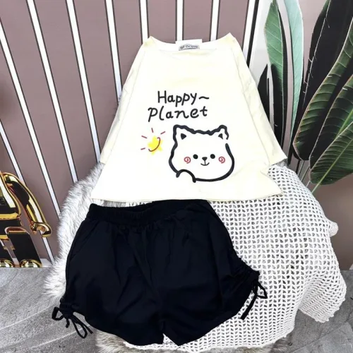 Đồ bộ quần đùi rút dây áo tay ngắn crop in hình