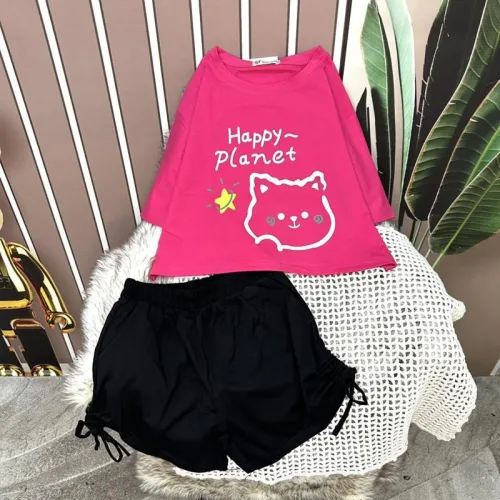 Đồ bộ quần đùi rút dây áo tay ngắn crop in hình