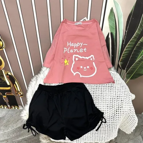Đồ bộ quần đùi rút dây áo tay ngắn crop in hình