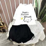 Đồ bộ quần đùi rút dây áo tay ngắn crop in hình