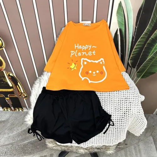 Đồ bộ quần đùi rút dây áo tay ngắn crop in hình