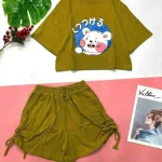 Đồ bộ quần đùi rút dây áo tay ngắn crop in hình