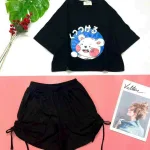 Đồ bộ quần đùi rút dây áo tay ngắn crop in hình