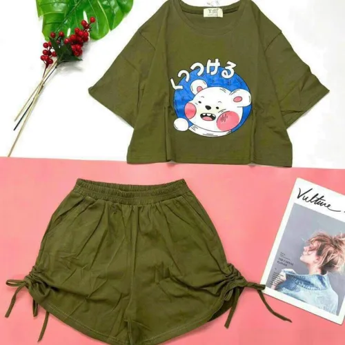 Đồ bộ quần đùi rút dây áo tay ngắn crop in hình