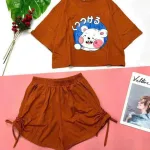 Đồ bộ quần đùi rút dây áo tay ngắn crop in hình