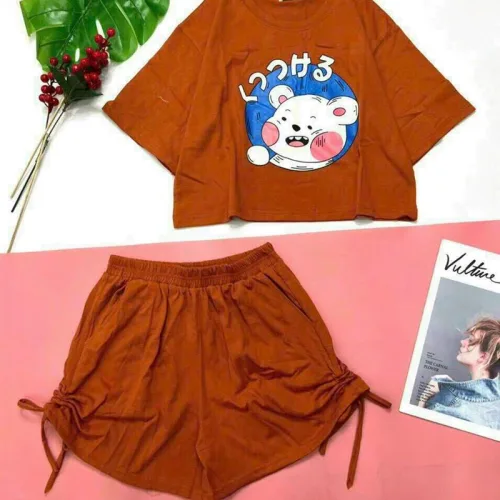 Đồ bộ quần đùi rút dây áo tay ngắn crop in hình