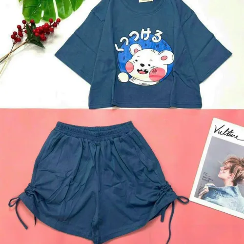 Đồ bộ quần đùi rút dây áo tay ngắn crop in hình