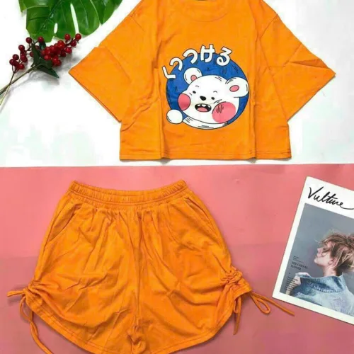 Đồ bộ quần đùi rút dây áo tay ngắn crop in hình
