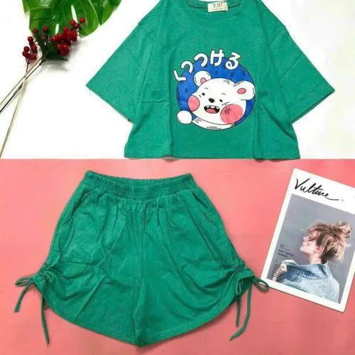 Đồ bộ quần đùi rút dây áo tay ngắn crop in hình