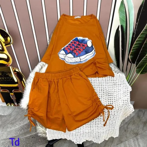 Đồ bộ quần đùi rút dây áo tay ngắn croptop in hình