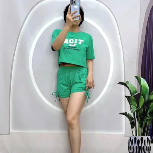 Đồ bộ quần đùi rút dây áo tay ngắn in chữ
