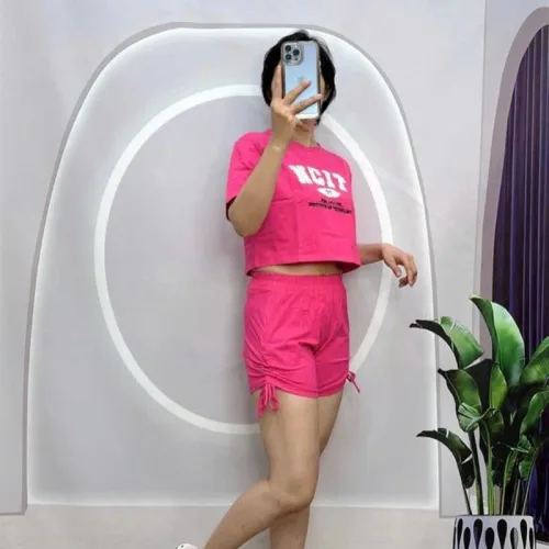 Đồ bộ quần đùi rút dây áo tay ngắn in chữ