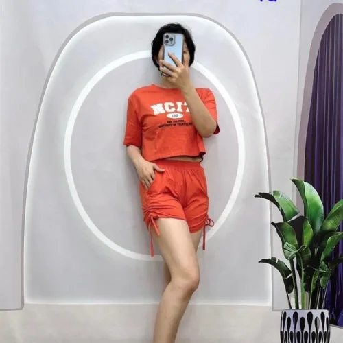 Đồ bộ quần đùi rút dây áo tay ngắn in chữ