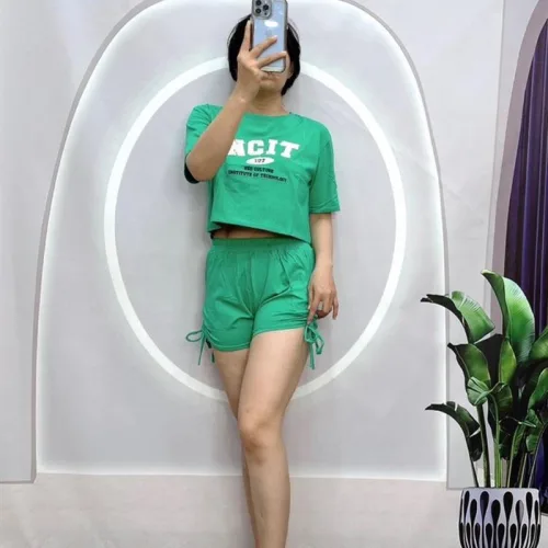 Đồ bộ quần đùi rút dây áo tay ngắn in chữ