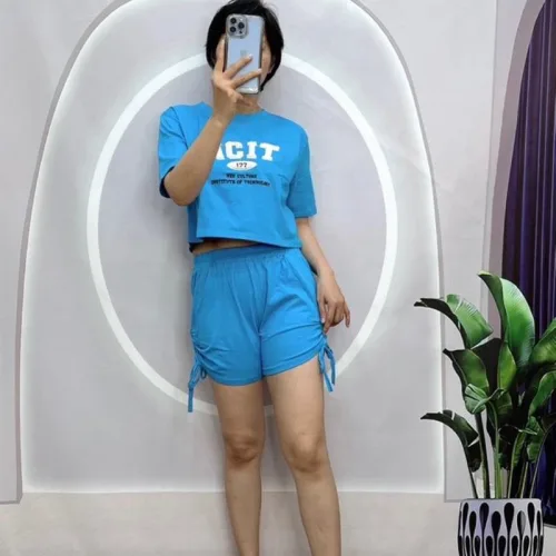 Đồ bộ quần đùi rút dây áo tay ngắn in chữ