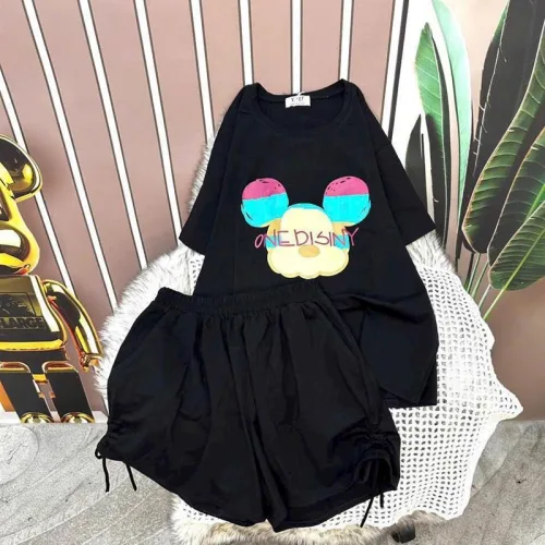 Đồ bộ quần đùi rút dây áo tay ngắn in hình chuột mickey