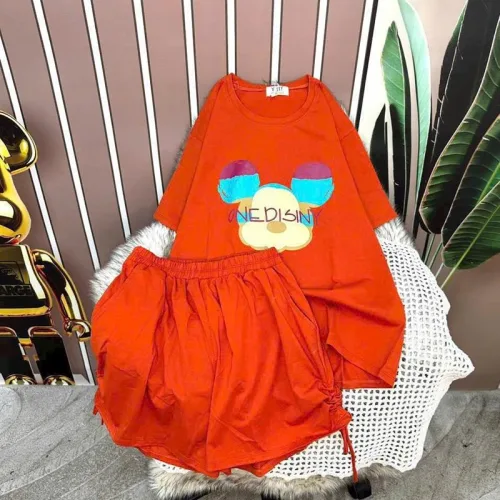 Đồ bộ quần đùi rút dây áo tay ngắn in hình chuột mickey