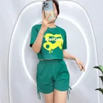 Đồ bộ quần đùi rút dây áo tay ngắn in hình trái tim