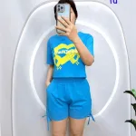 Đồ bộ quần đùi rút dây áo tay ngắn in hình trái tim