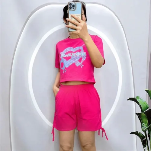 Đồ bộ quần đùi rút dây áo tay ngắn in hình trái tim