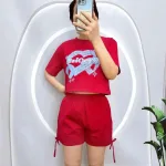 Đồ bộ quần đùi rút dây áo tay ngắn in hình trái tim