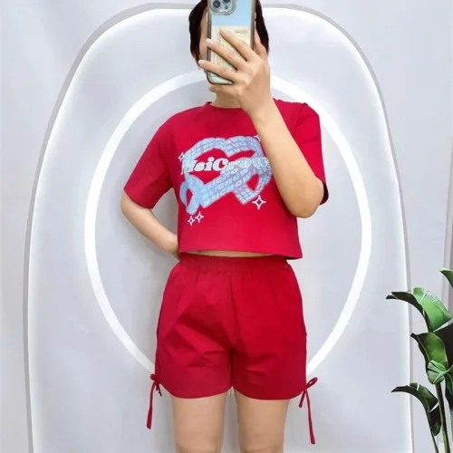 Đồ bộ quần đùi rút dây áo tay ngắn in hình trái tim
